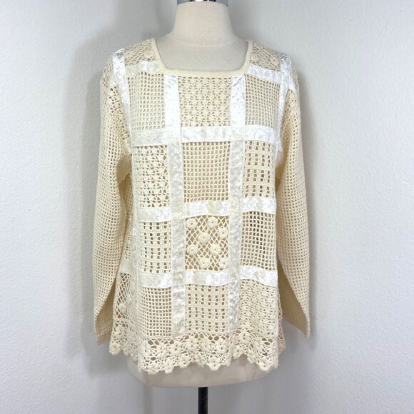 Otto Ivory Crochet Velvet Patchwork Top Large Long Sleeves Romantic Boho Whimsy - Picture 1 of 12